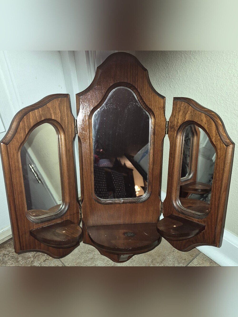 Vintage MCM Tri-fold Wooden Wall Sconce: Mirror & Mini Shelves